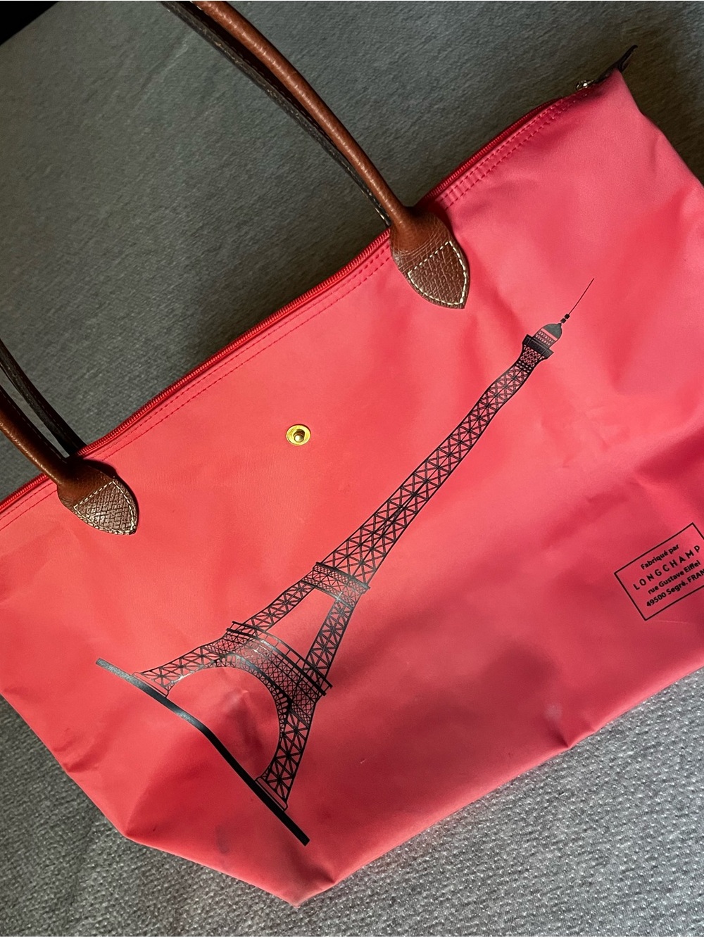 Longchamp Pink Tote with Eiffel Tower Print and Brown Handles - Picture 5 of 5